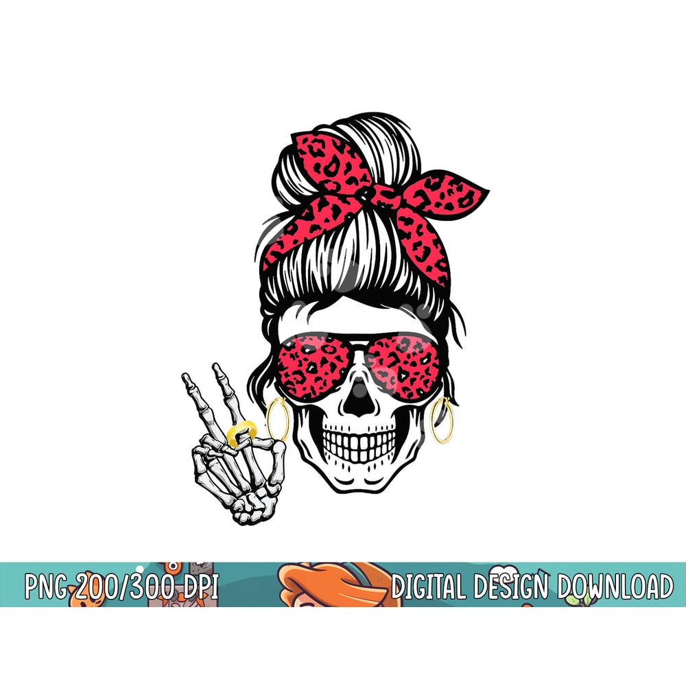 Boho Skeleton Peace Sign Messy Bun Bandana Halloween Apparel png, sublimation copy.jpg