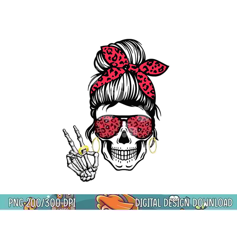 Boho Skeleton Peace Sign Messy Bun Bandana Halloween Apparel png, sublimation copy.jpg