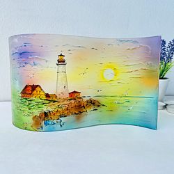 Glass Wave Art  Hand Painted Lighthouse Glass Screen Glass Painting Unique gift