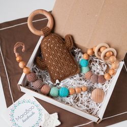 Brown Turquoise Baby Gift Box: Cactus Rattle Toy, Teething Ring, Pacifier Clip, Gift for Newborn Niece Nephew Grandchild