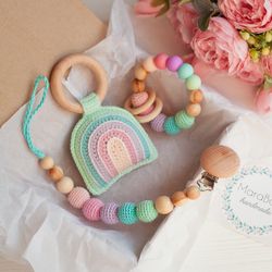 Pastel Baby Gift Box: Rainbow Rattle Toy, Teething Ring and Pacifier Clip Holder