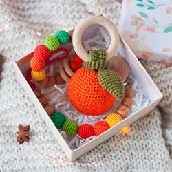 Bright Baby Gift Box: Orange Rattle Toy, Teething Ring and Pacifier Clip Holder