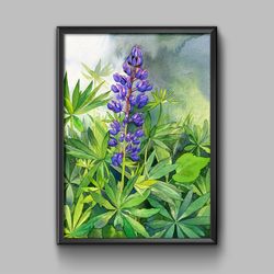 Printables, Purple Lupine Flowers, Wildflowers, Watercolor digital file, Large poster, Art print, Watercolor painting