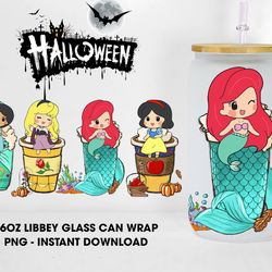 Halloween Coffee Princess Glass Can Design PNG Sublimation, Princess Cartoon 16oz Libbey Glass Can Wraps, Spooky Glass C