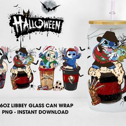 Cartoon Horror Killer 16oz Libbey Can Glass Design, Halloween Horror Glass Can Wrap Png, Horror Movie Glass Can Wrap Png