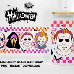 horror movies 16oz libbey can glass png, halloween horror full wrap for libbey can shaped beer glass, horror characters