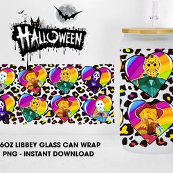 horror movie halloween glass can design sublimation, rainbow killer 16oz glass wraps, horror character libbey glass wrap