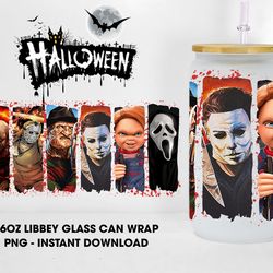 Horror Movie Halloween Glass Can Design Wrap, Killer Series Movie 16oz Glass Wraps, Horror Character Libbey Glass Wrap,