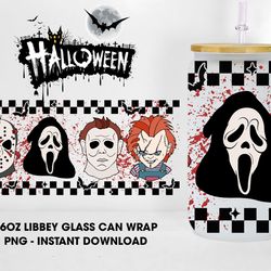 Halloween Movie Glass Can Design PNG , Killer Friends 16oz Libbey Glass Can Wraps, Horror Movie Glass Can Wrap, Digital