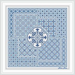 Cross stitch pattern panel sampler geometric  ornament monochrome blue napkin pillow counted crossstitch patterns PDF