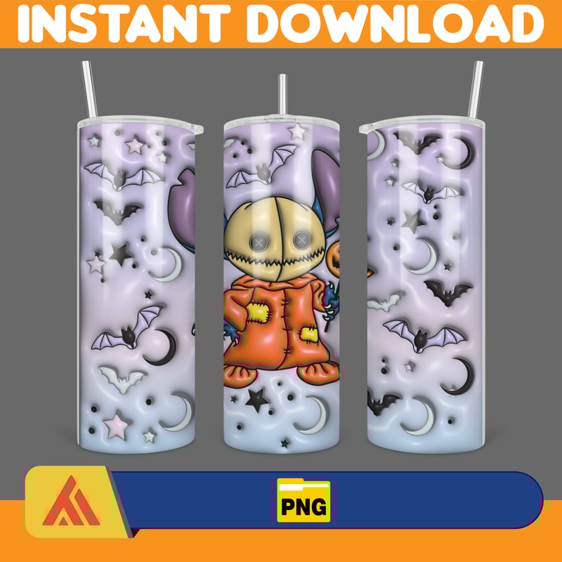 Stitch 3D Inflated Halloween Cartoon Characters 20 Oz Skinny Tumbler Wrap Png Sublimation, Instant Download (3).jpg