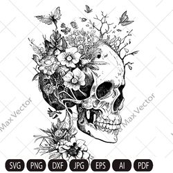 Skull svg file, Flower Skull svg, Skull cut file, Floral Skull svg file, Sugar Skull Svg file, skull flower crown, hallo