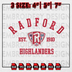 NCAA Radford Highlanders Embroidery files, NCAA Embroidery Designs, Radford Highlanders Machine Embroidery Pattern