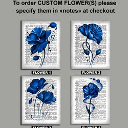 poppy flower art print dictionary old book page vintage botanical poster floral wildflowers wall art, living room decor