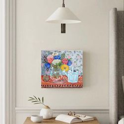 oil painting on canvas with garden flowers abstract painting naive art fauvism wall decor art gift ideas interior art