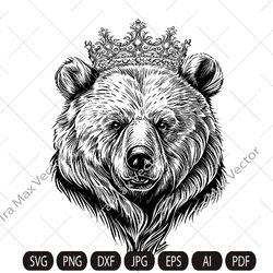 BEAR HEAD SVG, Bear king,Royal bear, Bear Clipart, Bear Face Svg, Bear, Grizzly Bear Vector Illustration , Rustic and Vi