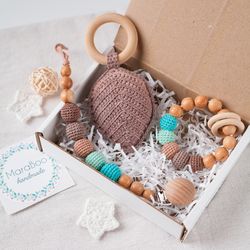Brown Turquoise Baby Gift Box: Leaf Rattle Toy, Teething Ring, Pacifier Clip