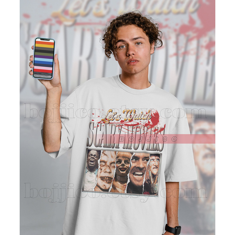 Let's Watch Scary Movie, Us, Exorcist, Shining, Freddy Krueger, Annabelle Retro Shirt, Movie Scary Horror, Retro T-Shirt, Devil Face Scream - 2.jpg
