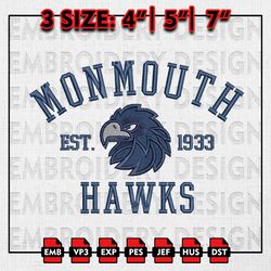 NCAA Monmouth Hawks Embroidery files, NCAA Embroidery Designs, Monmouth Hawks Machine Embroidery Pattern