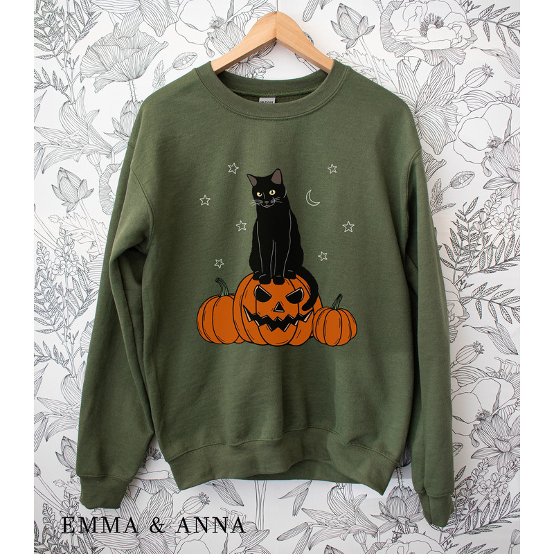 Halloween Sweatshirt, Halloween Sweater, Cat on Pumpkin Sweatshirt, Black Cat Sweatshirt, Halloween Crewneck, Black Cat Shirt, Spooky Season - 1.jpg