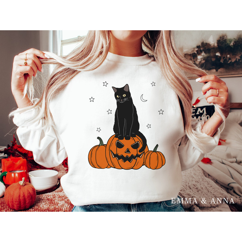 Halloween Sweatshirt, Halloween Sweater, Cat on Pumpkin Sweatshirt, Black Cat Sweatshirt, Halloween Crewneck, Black Cat Shirt, Spooky Season - 3.jpg