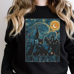 starry night, magic wizard castle boat, magic school, book nerd gift, fantasy, wand wizard, universal vacation sweatshir