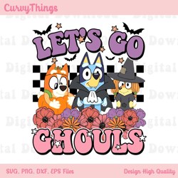 bluey let go ghouls halloween png, bluey and friend halloween png, bluey halloween checkerboard png