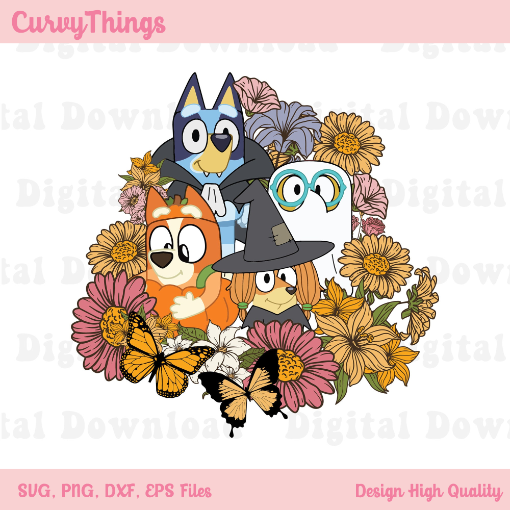Floral Bluey And Friend Halloween Png, Bluey Trick Or Treat Png, Bluey Funny Halloween Png - 1.jpg