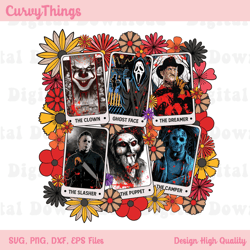 floral horror tarot card png, horror movie killers png, ghostface the camper the slasher png