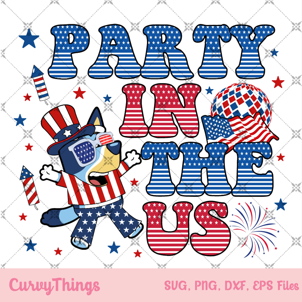 Funny Party In The USA Bluey Png, Bluey Bingo Independence 2023 Png, 4th Of July Bluey USA Flag Family Png - 1.jpg