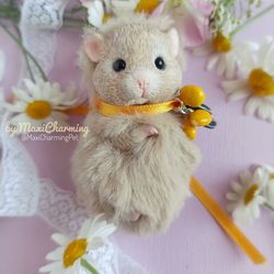 Cute hamster doll tan beige color 8 cm Made of soft fur and polymer clay OOAK It is collectible toy
