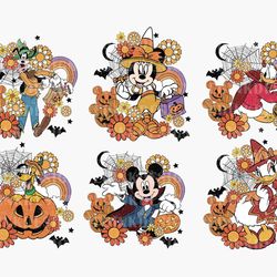 retro halloween floral png bundle, retro halloween png, mouse and friend pn
