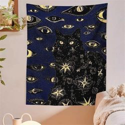black cat tarot eyes stars tablecloth wall hanging tapestry mandala astrology moon sun zodiac altar cloth witchcraft sup