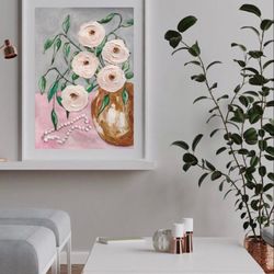 Acrylic flowers painting Still life with white flowers and pearls Original Abstract artwork Flowers bouquet Wall Decor