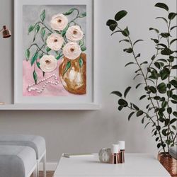 acrylic flowers painting still life with white flowers and pearls original abstract artwork flowers bouquet wall decor