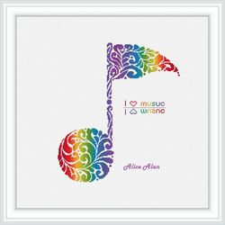 Cross stitch pattern Music Note silhouette floral ornament rainbow musical signs abstract colorful counted patterns PDF