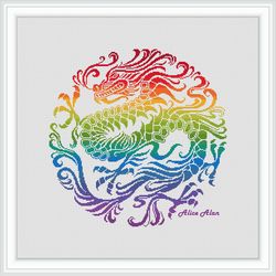 Cross stitch pattern chinese Dragon silhouette rainbow ethnic China Japan colorful counted crossstitch patterns PDF