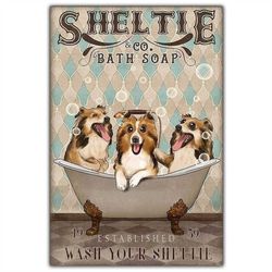 sheltie & co. bath soap wash your sheltie canvas poster print vintage retro dog breeds puppy wall art home bathroom deco