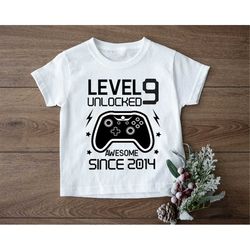 9th birthday shirt,level unlocked awesome since 2014 birthday shirt, kid gamer nine birthday tee, funny boys girls ninth