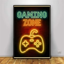 gaming zone canvas poster print, video game console controller gamepad vintage wall art decor game room decoration gift