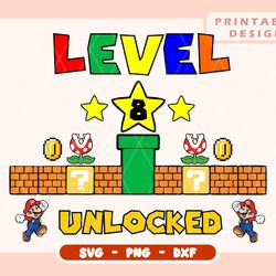 level 7 unlocked svg 7th birthday boy gamer, mario birthday png