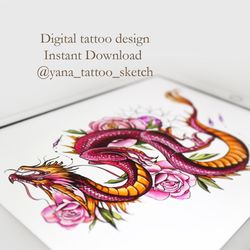Dragon Tattoo Sketch for Woman Dragon Tattoo Design Female Dragon And Peonys Tattoo Design, Instant download