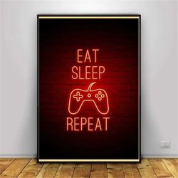 eat sleep game repeat vintage canvas wall poster, video game console controller vr poster wall decor game room gift for