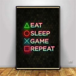 gaming vintage wall poster, eat sleep game repeat game console controller canvas poster wall decor game room gift for ga