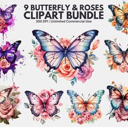 floral butterfly watercolor clipart bundle - 9 floral butterfly pngs, butterfly png sublimation file, watercolor butterf