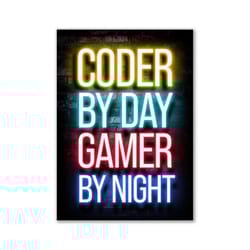 coder by day gamer by night canvas poster, gaming canvas poster print wall decor playroom game room art decoration unfra