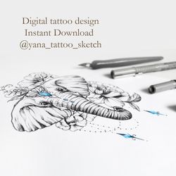 Elephant Tattoo Designs For Ladies Elephant Tattoo Sketch With Flowers Elephant Tattoo ideas, Instant download PNG, JPG