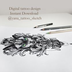 Black Cat Tattoo Designs For Ladies Cat And Moon Tattoo Sketch, Instant download JPG, PNG