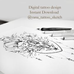 Peonies Tattoo Design Ornament and Flowers Peonies Tattoo Sketch Ornamental, Instant download PDF and JPG files