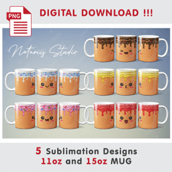 5 Cute 3D Inflated Puff Kawaii Ice Cream Designs - 11oz 15oz MUG - Digital Mug Wrap